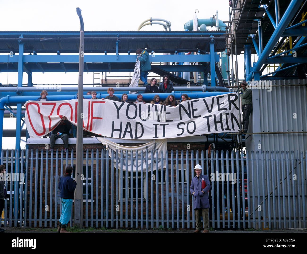 Ecological protesters occupying petrochemical plant Runcorn Merseyside England UK Stock Photo
