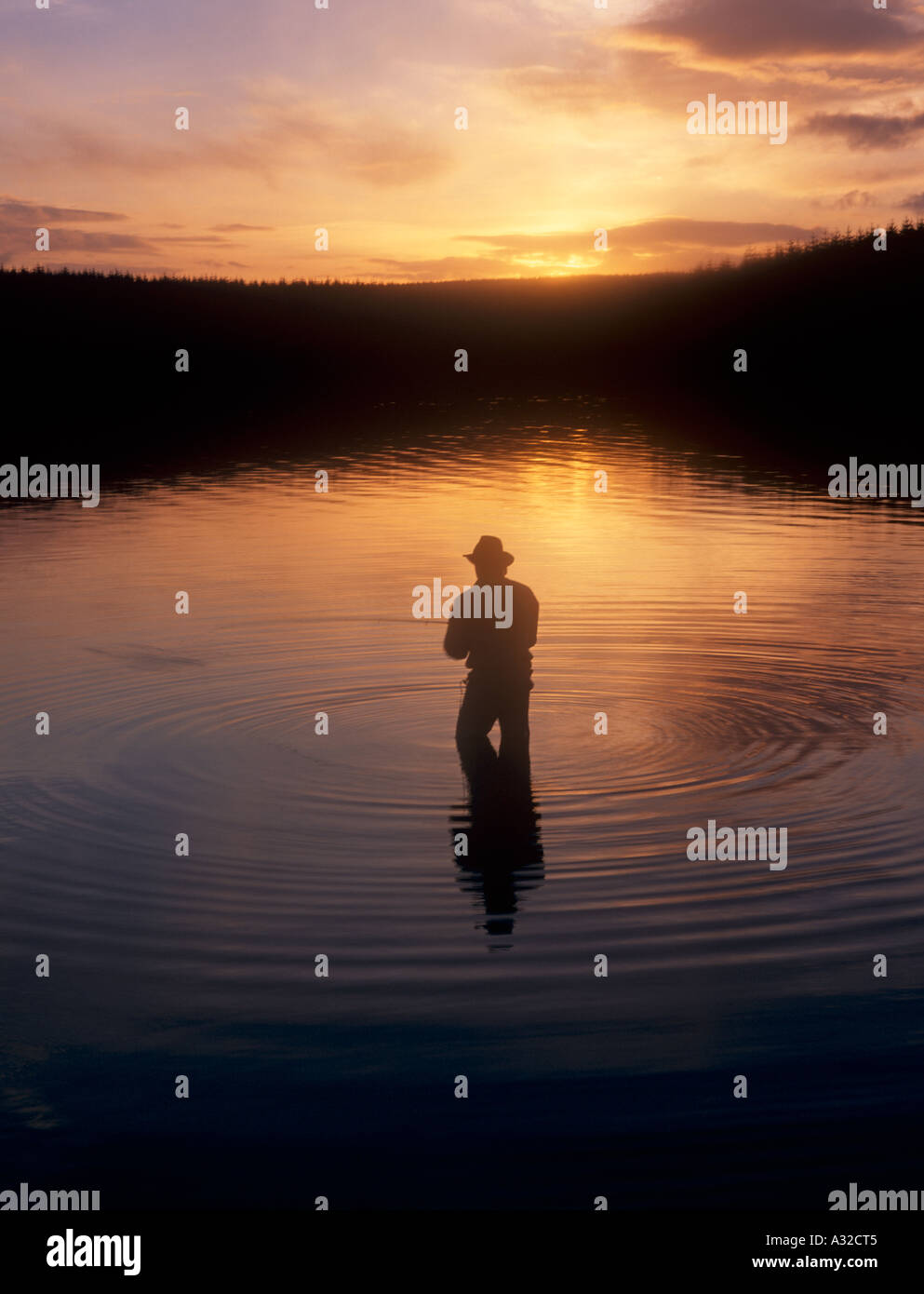 One man fly fishing for trout in sunset Llyn Brenig Reservoir Conwy