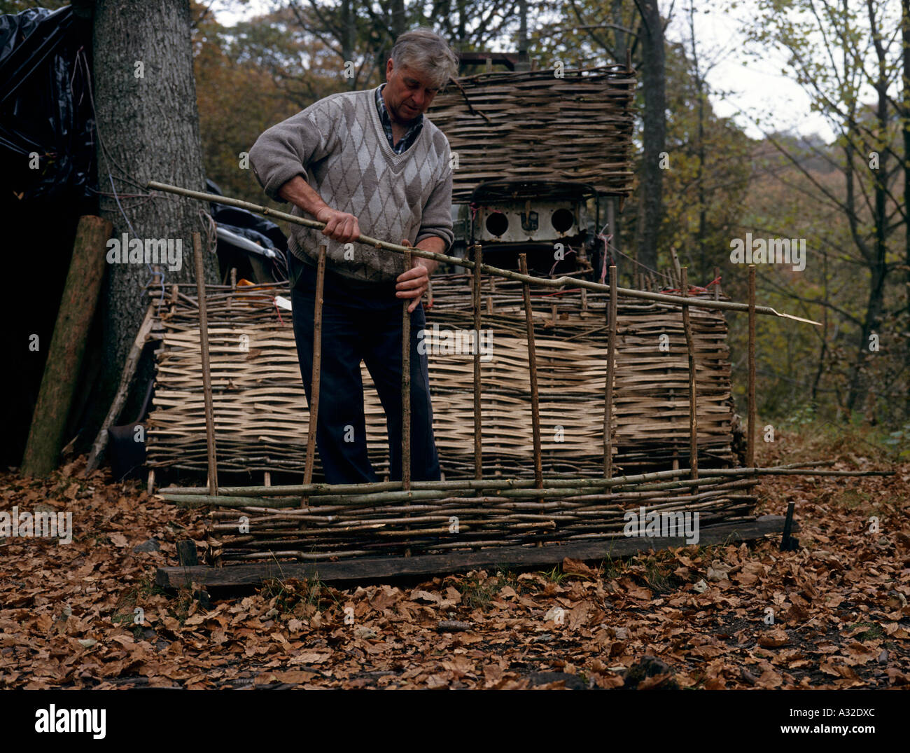 Bill Hogarth making hazel hurdles out of coppiced spars Cumbria England