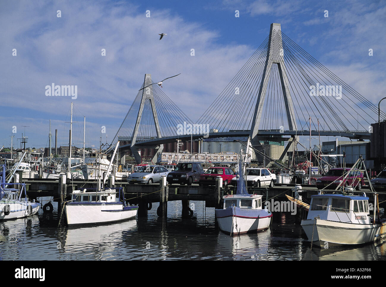Glebe Island bridge and fishing boats, Sydney, NSW Stock Photo