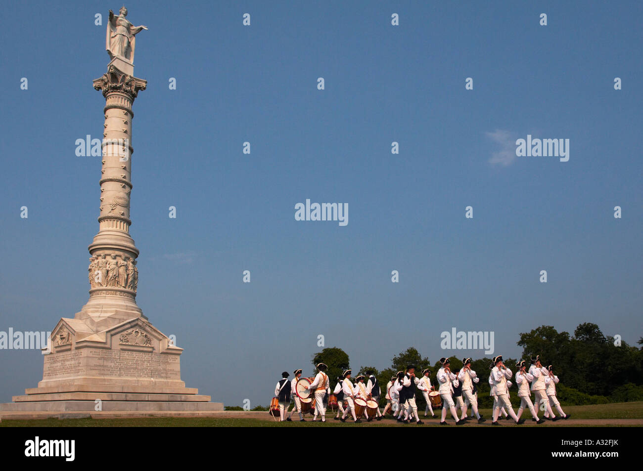 A drum and fife corps marching in front of the Battle of Yorktown