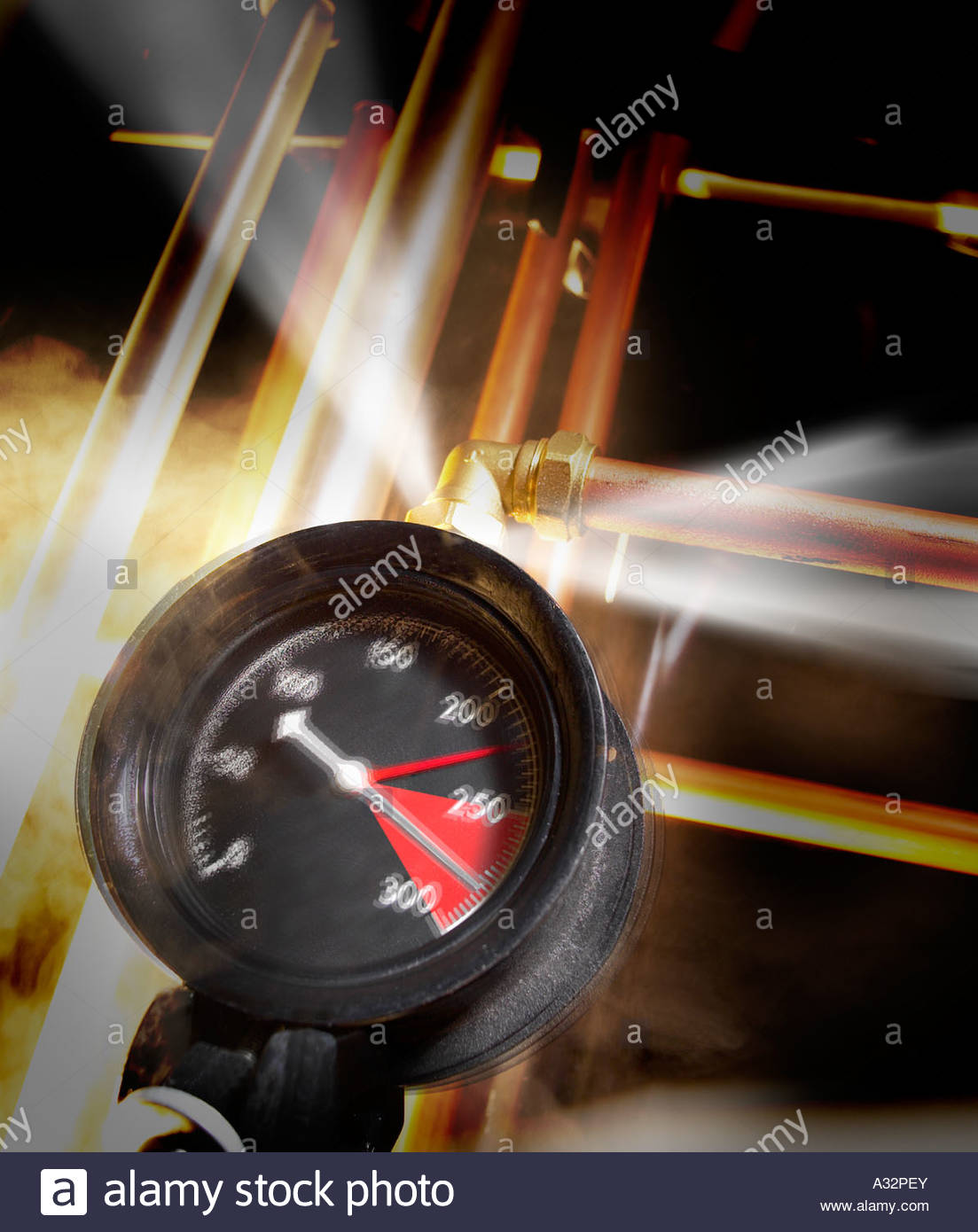 Overloaded steam pressure gauge is about to blow. Leaking jets of Stock