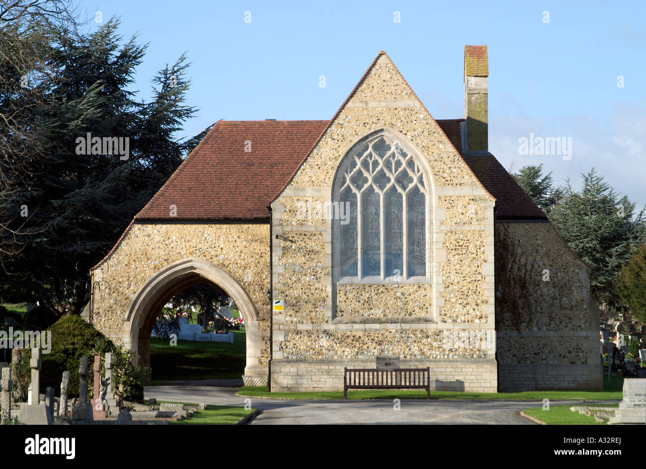 The entrance to the Chapel at Durrington Cemetery, Worthing,West Sussex