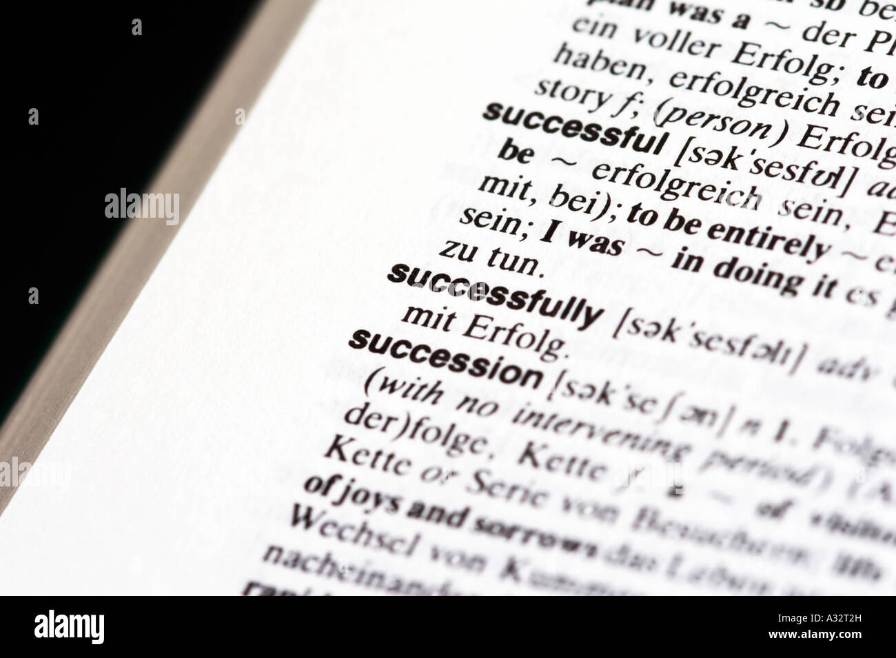 Macro shot of the word Successfully in a dictionary Stock Photo