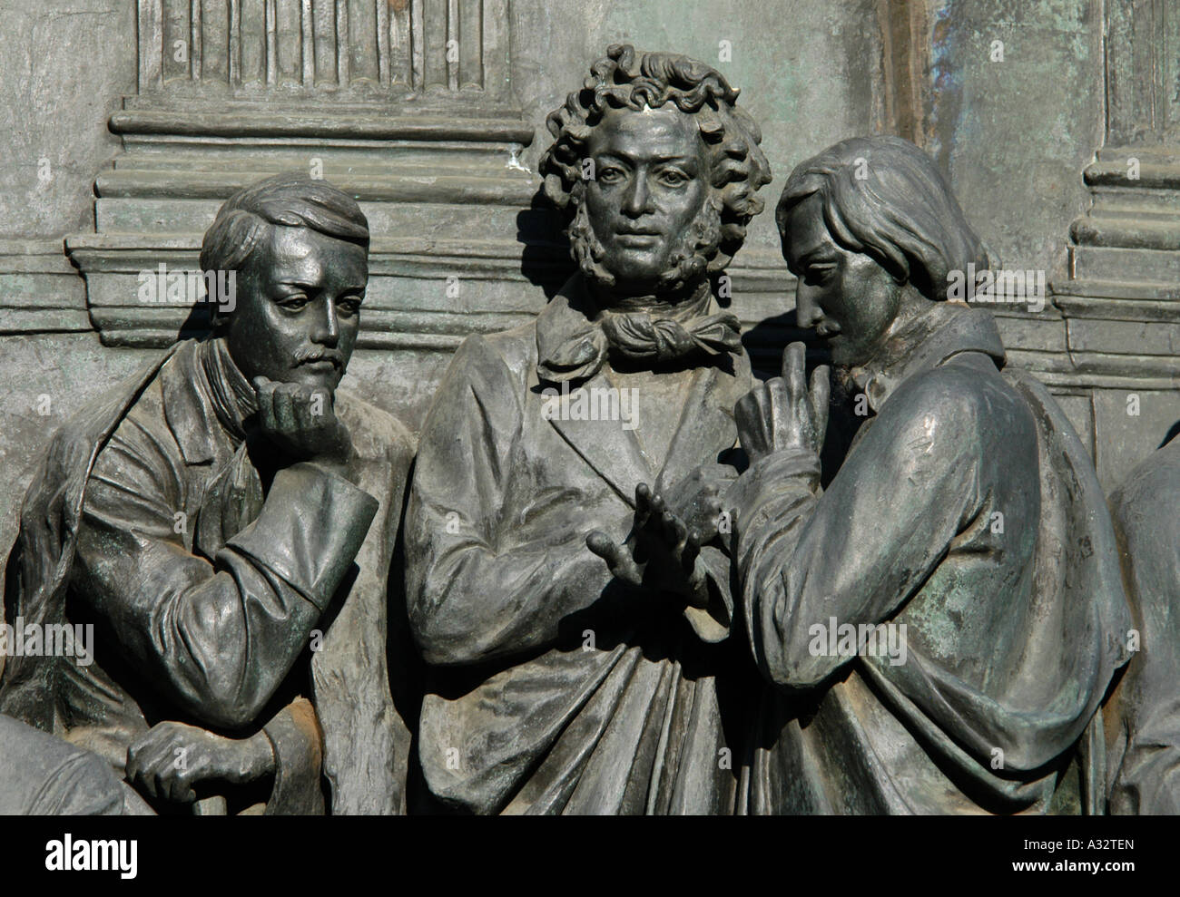 Russian poets Mikhail Lermontov, Alexander Pushkin and writer Nikolay Gogol. Detail of the Monument to the Millennium of Russia Stock Photo