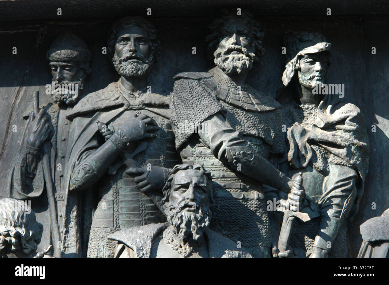 Russian St. Alexander Nevsky and Dmitry Donskoy. Detail of the Monument to the Millennium of Russia in Veliky Novgorod, Russia Stock Photo