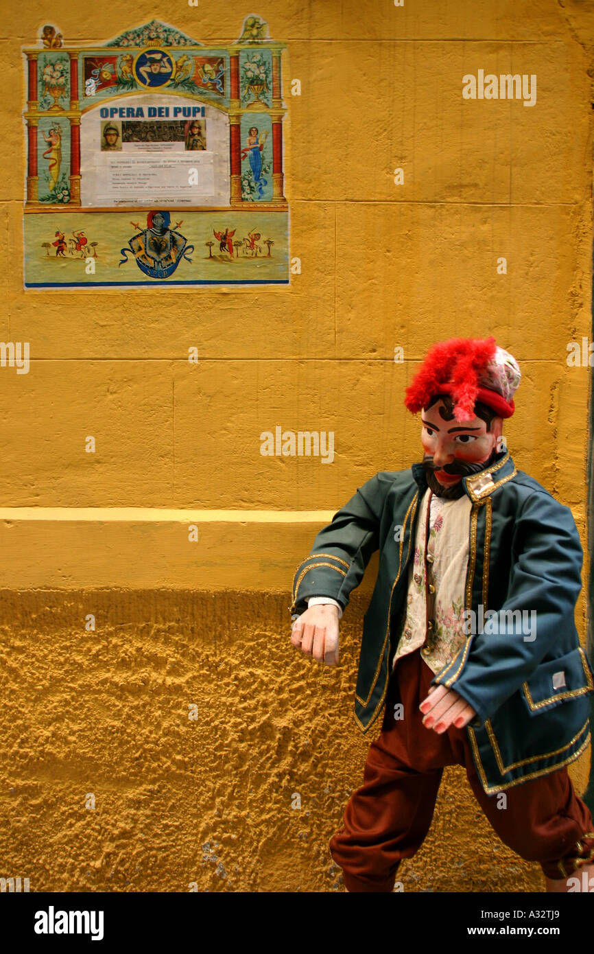 Sign and puppet on wall outside a puppet theatre in Palermo. Northern