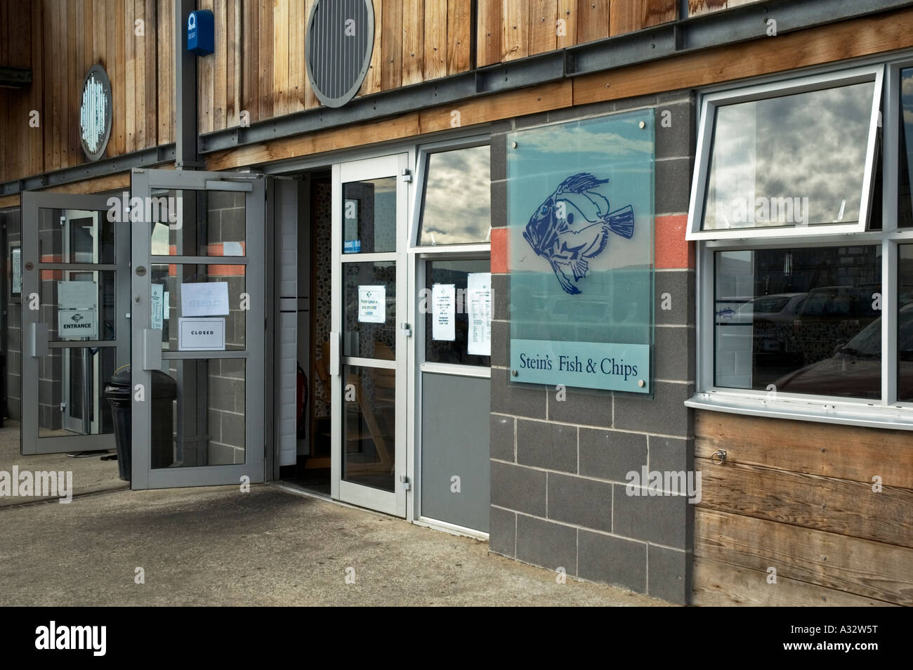 the outside of rick steins fish and chip shop,in padstow,cornwall