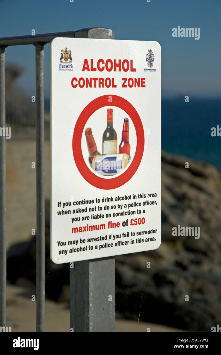 a alcohol control sign at a beach in st.ives,cornwall,england Stock Photo