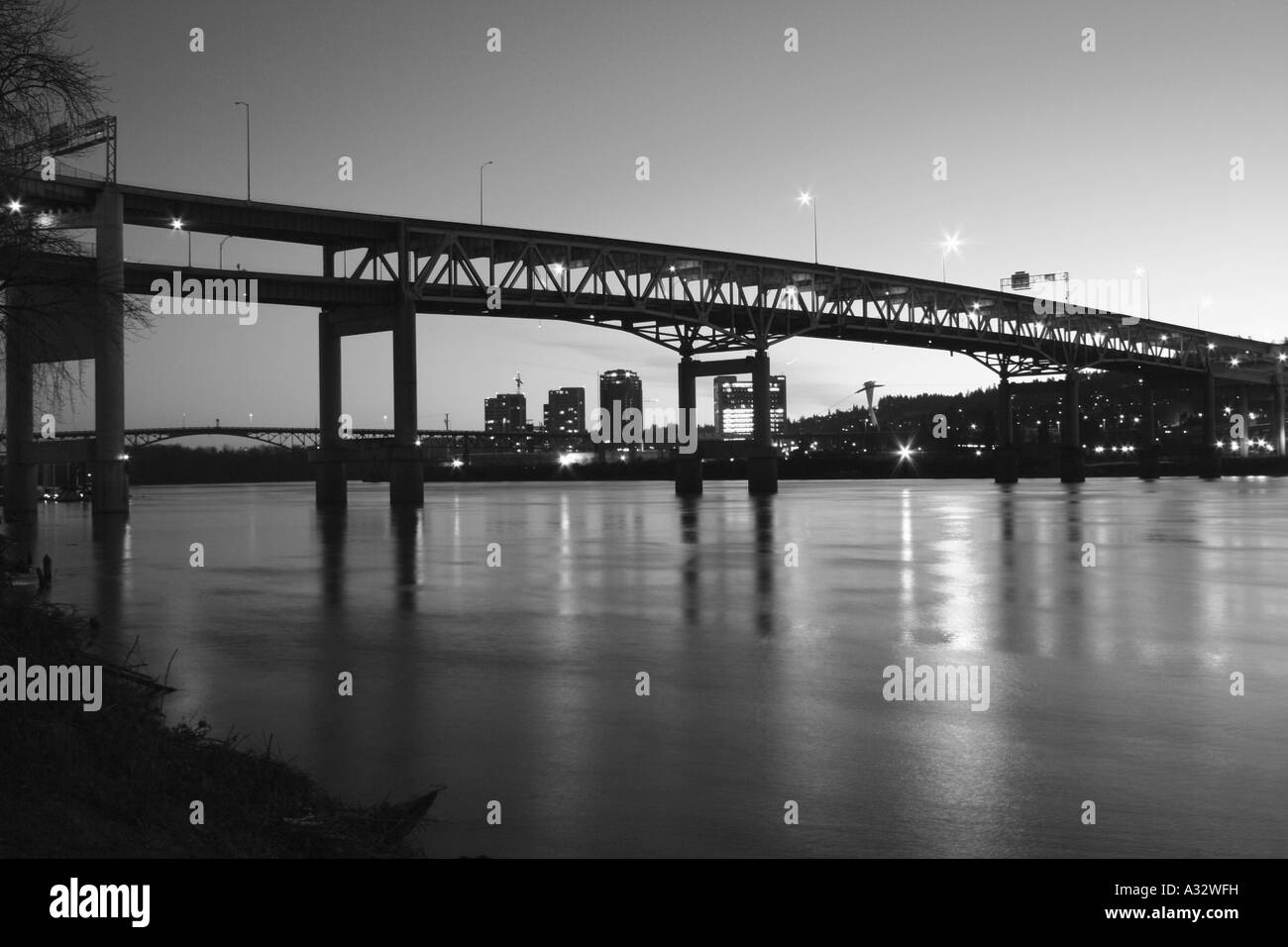 I-5 bridge at night in Portland, Oregon. Stock Photo