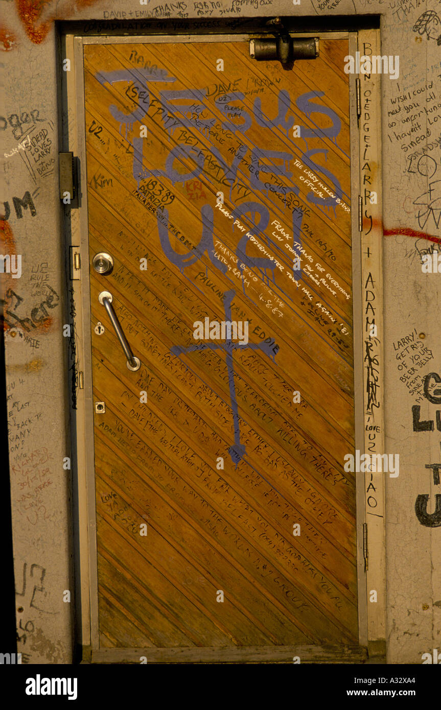 Jesus loves U2, spray painted on a door at, Windmill Lane, recording studio,  Dublin, Ireland Stock Photo