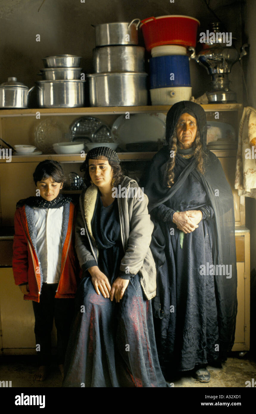 Three generations of Barzani women,  Qosh Tapa, a town where there are no men.  Iraq Kurdistan Stock Photo