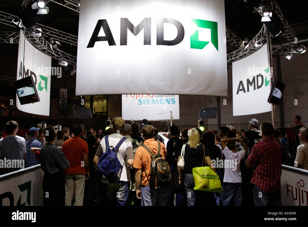 The booth of AMD and Fujitsu Siemens at the GC Games Convention 2005 in Leipzig, Germany Stock Photo