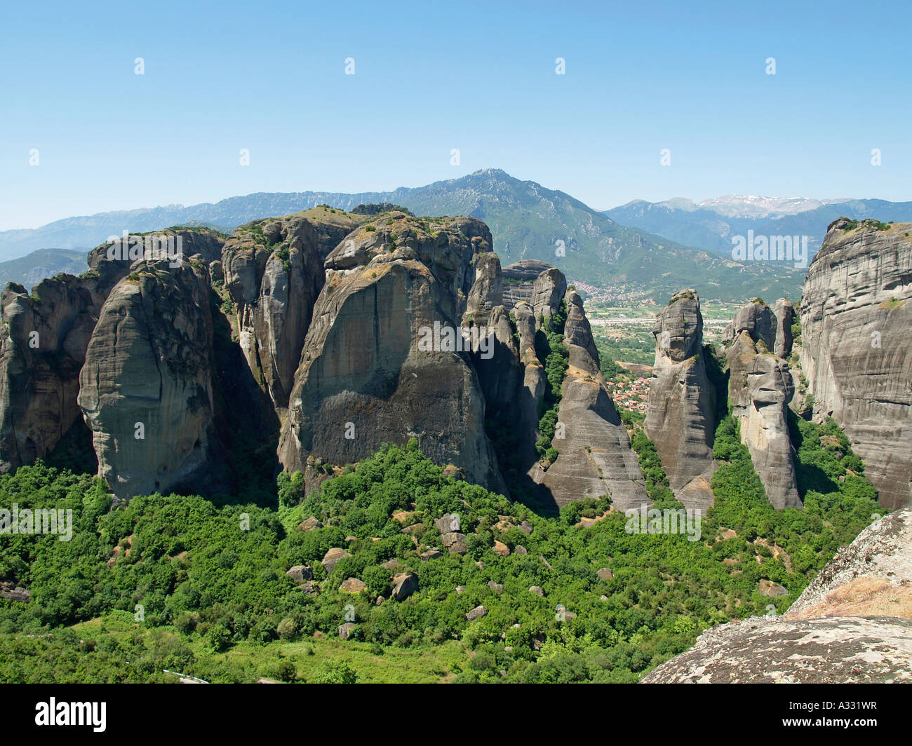 landscape with giant steep rocks in the area of Meteora in north eastern Greece on the plain of Thessaly Stock Photo