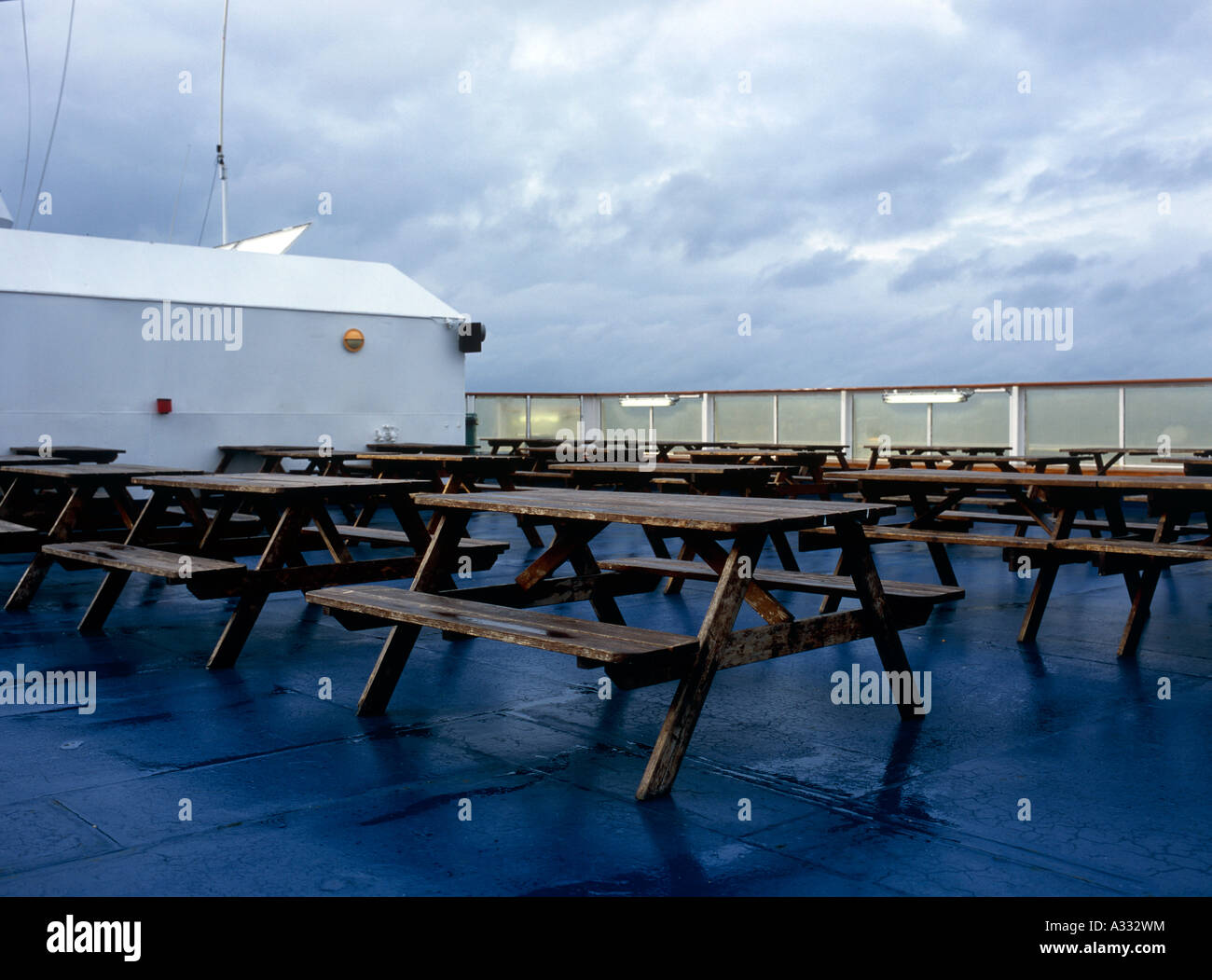 Empty passenger deck of a ferry ship of the Reederei Color Line Stock Photo