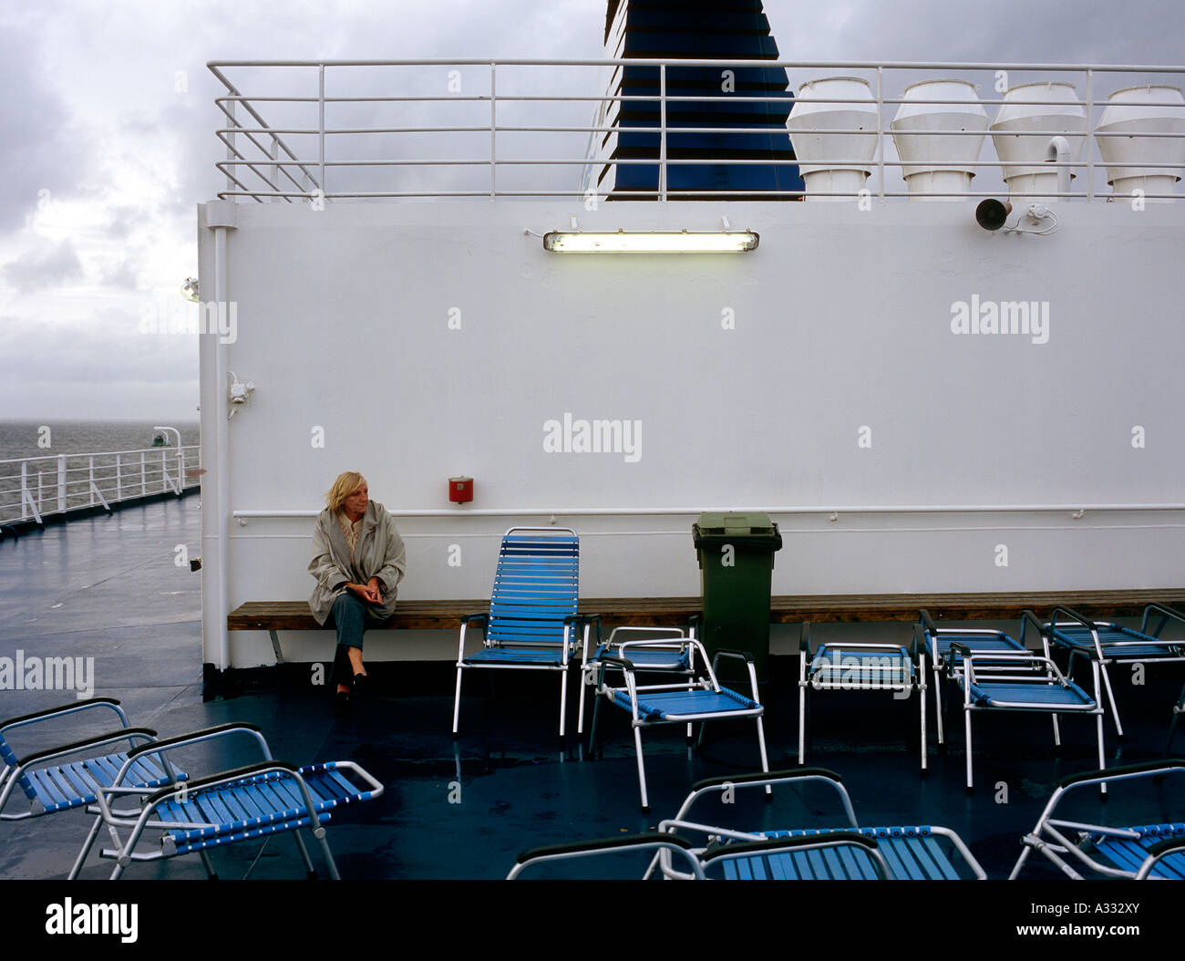 A tourist on a ferry ship of the Reederei Color Line Stock Photo
