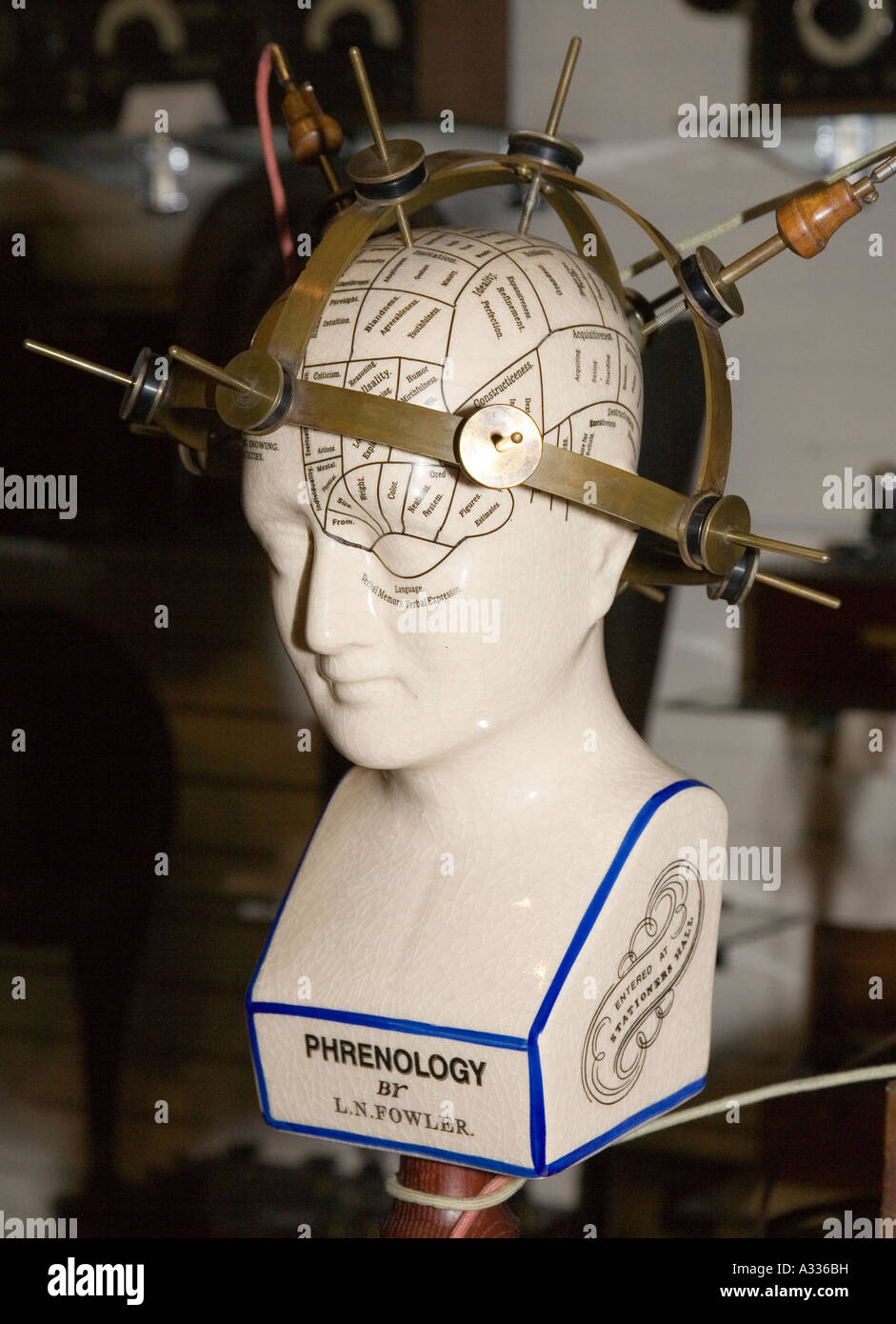 Apparatus used for phrenology measurements taken to determine bumps and shape of head and apply this to brain function Stock Photo