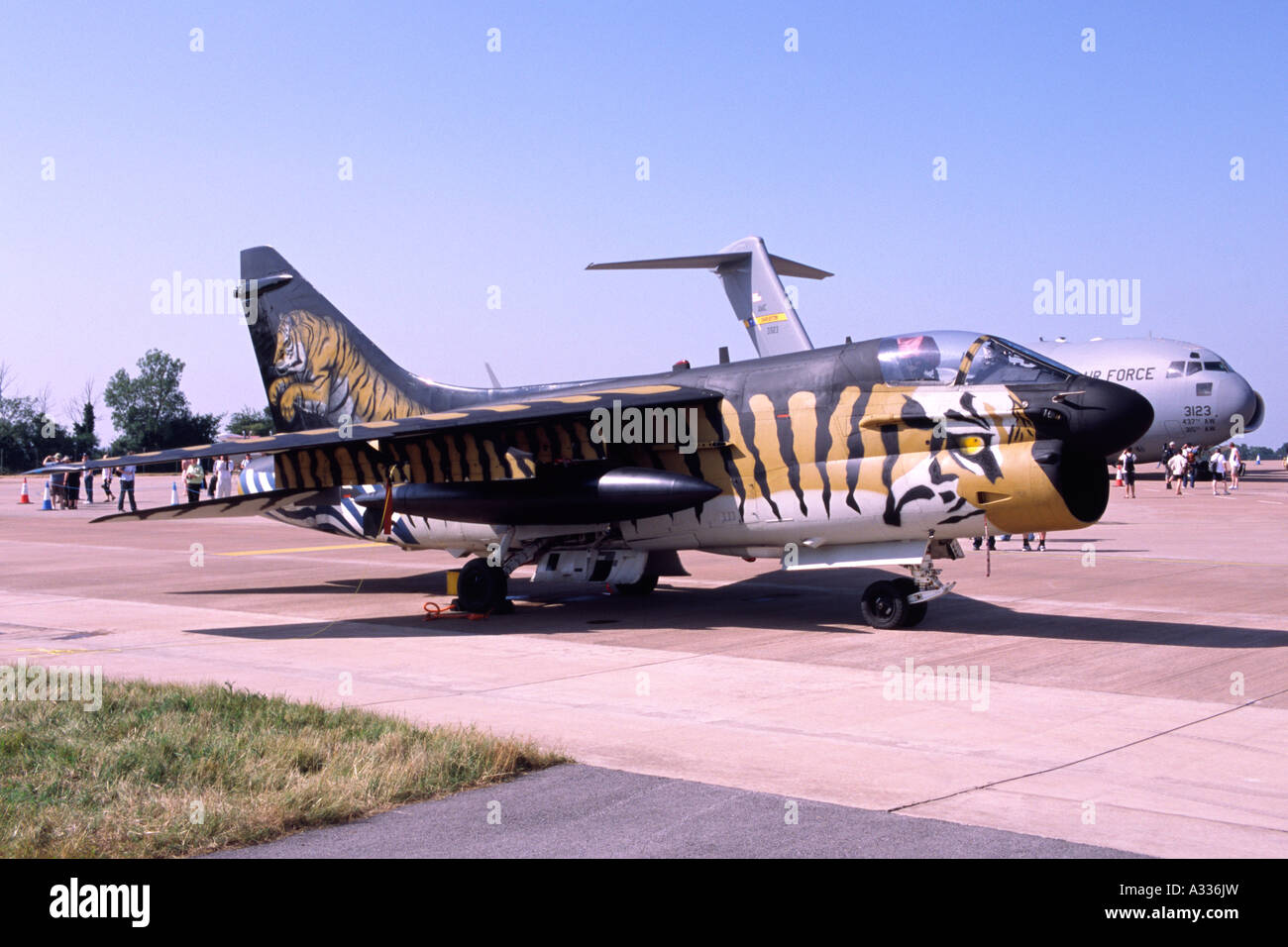 Vought A-7E Corsair, decorated in Tiger Stripes colour scheme, operated by the Hellenic Air Force. Stock Photo