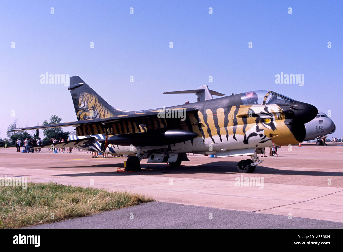 Vought A-7E Corsair, decorated in Tiger Stripes colour scheme, operated by the Hellenic Air Force. Stock Photo