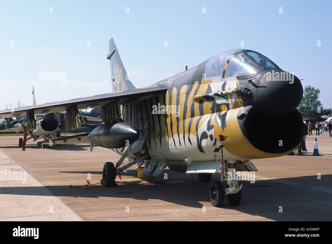 Vought A-7E Corsair, decorated with Tiger Stripes colours scheme, operated by the Hellenic Air Force. Stock Photo