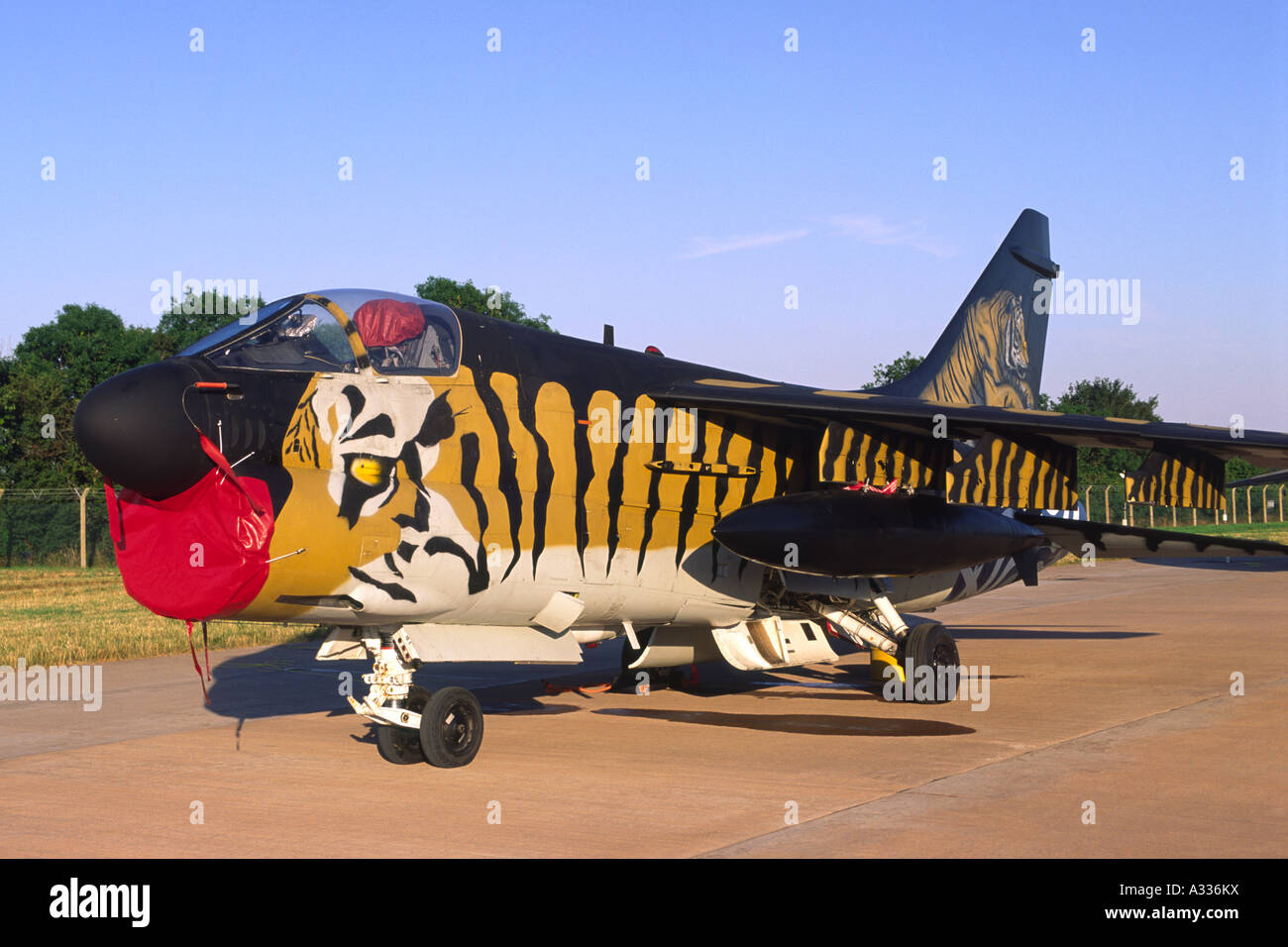 Vought A-7E Corsair, decorated with Tiger Stripes colours scheme, operated by the Hellenic Air Force. Stock Photo