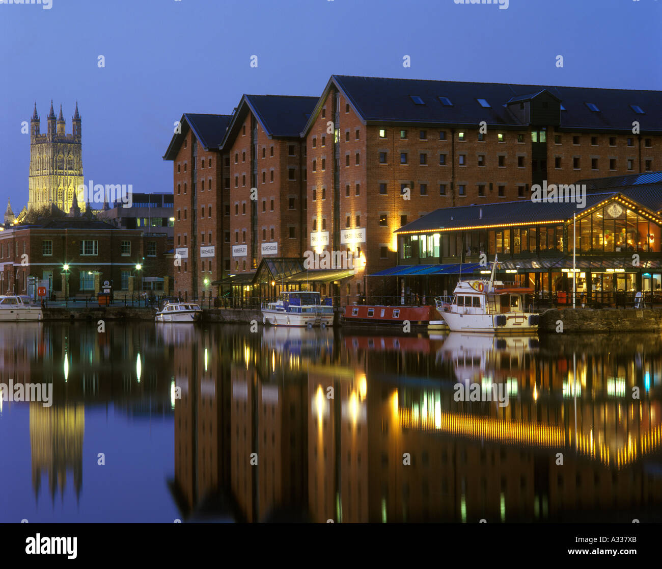 Gloucester Docks at night Merchants Quay is on the right Stock Photo