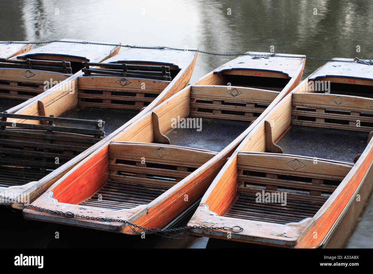 Frost on moored punts, tied up near the Granta Pub, River Cam, Cambridge. Stock Photo