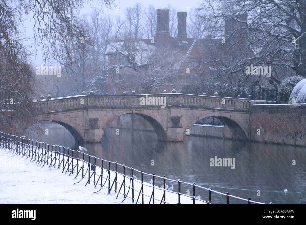 Clare bridge from Kings College Cambridge in the snow Stock Photo