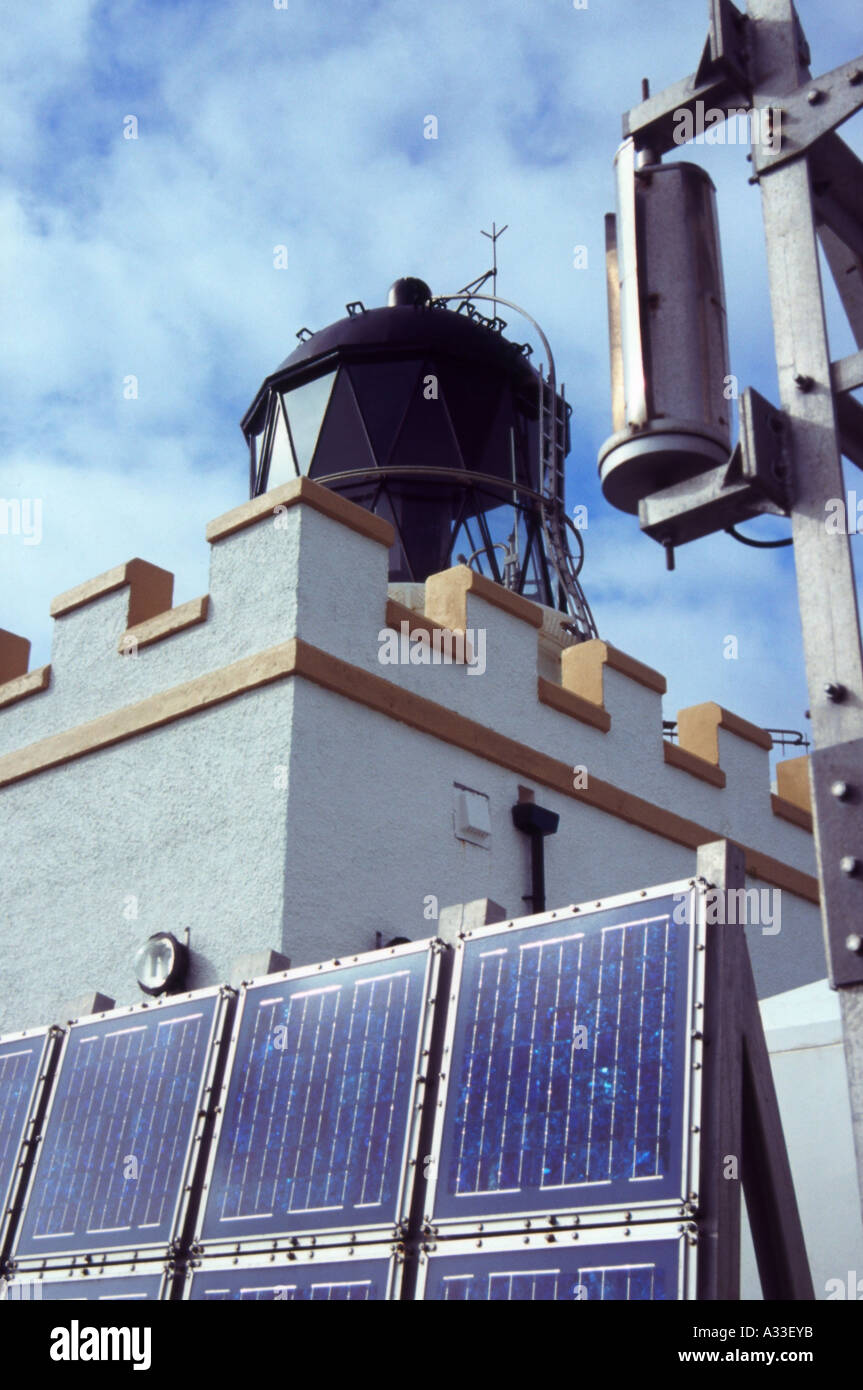 Lighthouse and solar panels Brough of Birsay Orkeny Islands Scotland Stock Photo