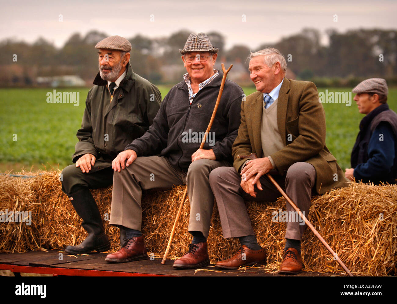 THREE RETIRED GENTLEMEN ENJOY A RIDE ON A HORSE DRAWN CART AT THE NATIONAL HEDGELAYING CHAMPIONSHIPS Stock Photo