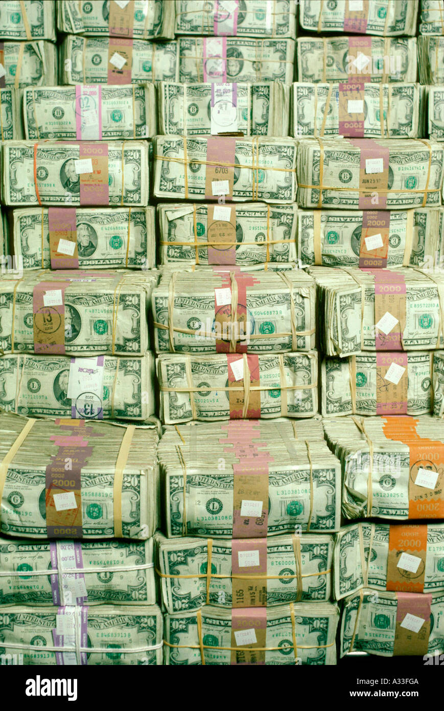 Money bundles of twenties AC8 Stock Photo