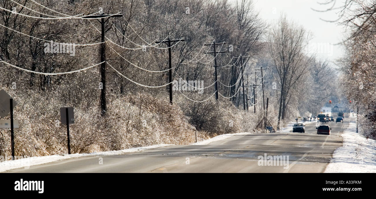 Ice covered power lines Stock Photo
