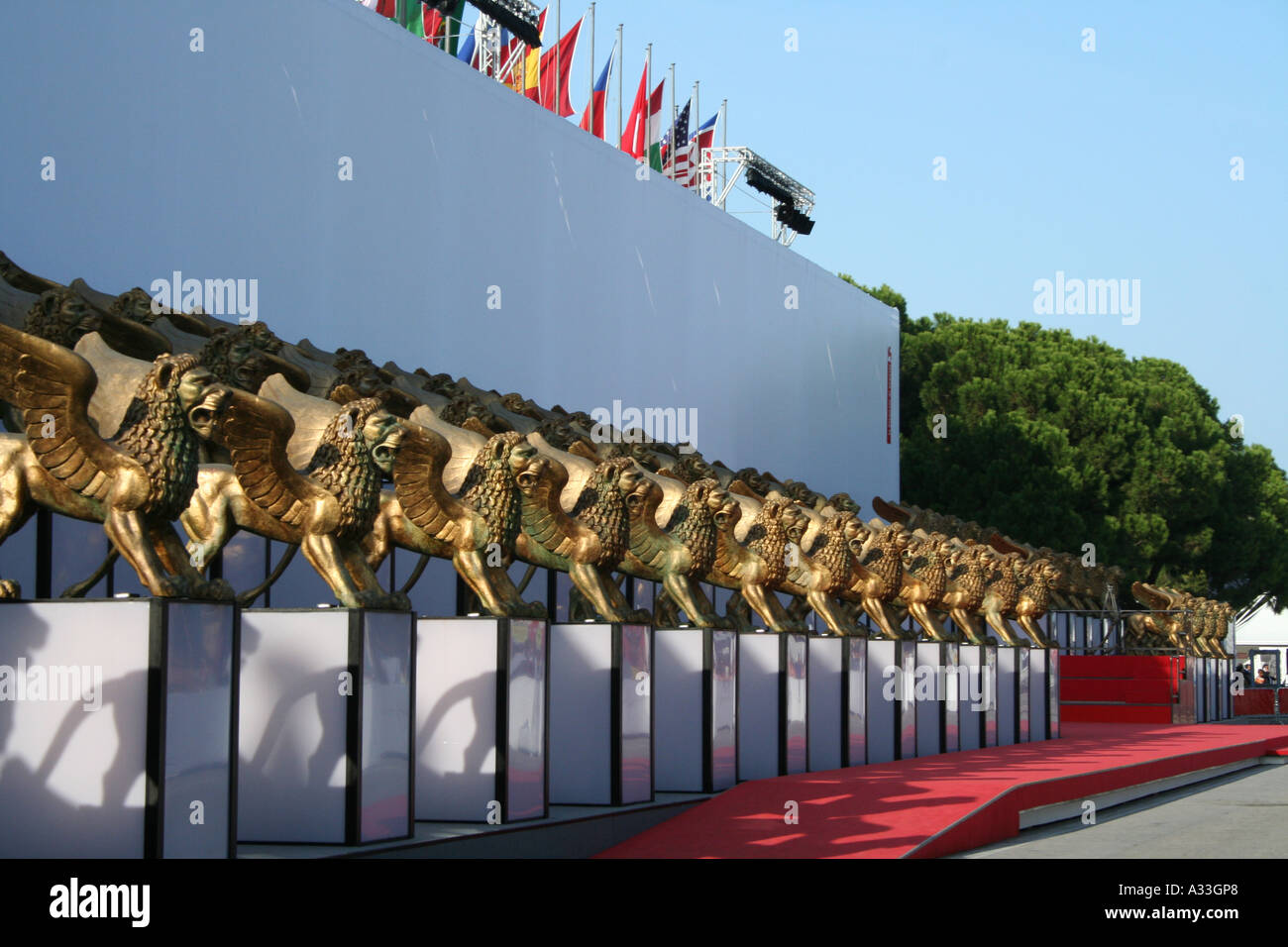 At the Venice Lido golden lions line up at the annual Film Festival, Veneto, Italy Stock Photo
