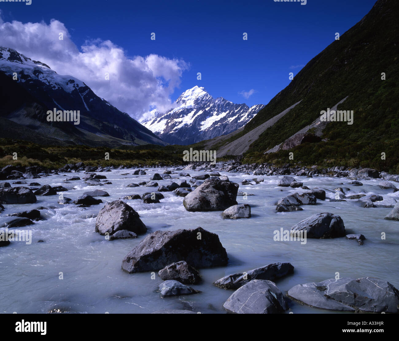 Aoraki Mt Cook and the Hooker River Mount Cook National Park South Island New Zealand Stock Photo