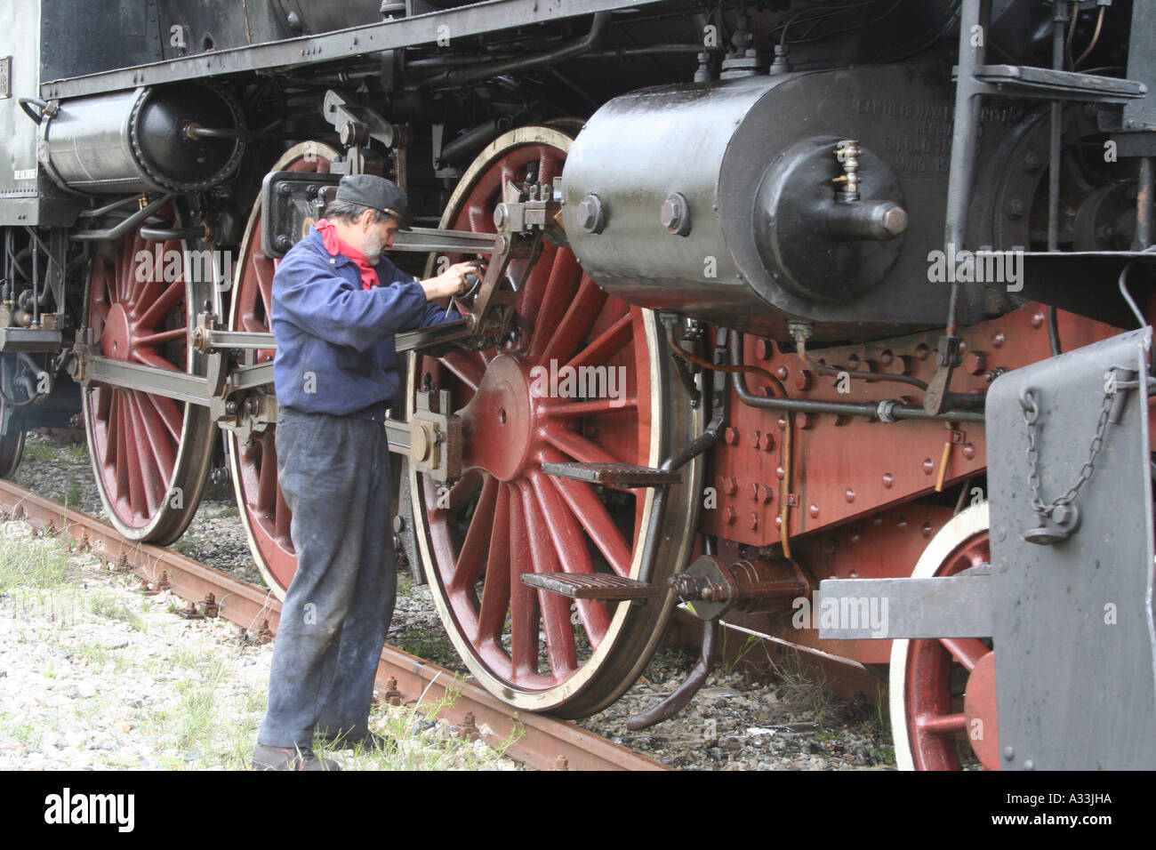 Train driver oils the massive wheels of his Tuscany, Italy