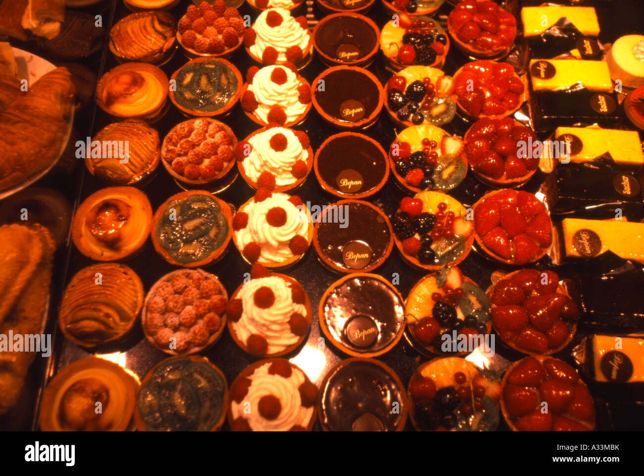A variety of desserts on display at a Tapas bar Barcelona Spain Stock