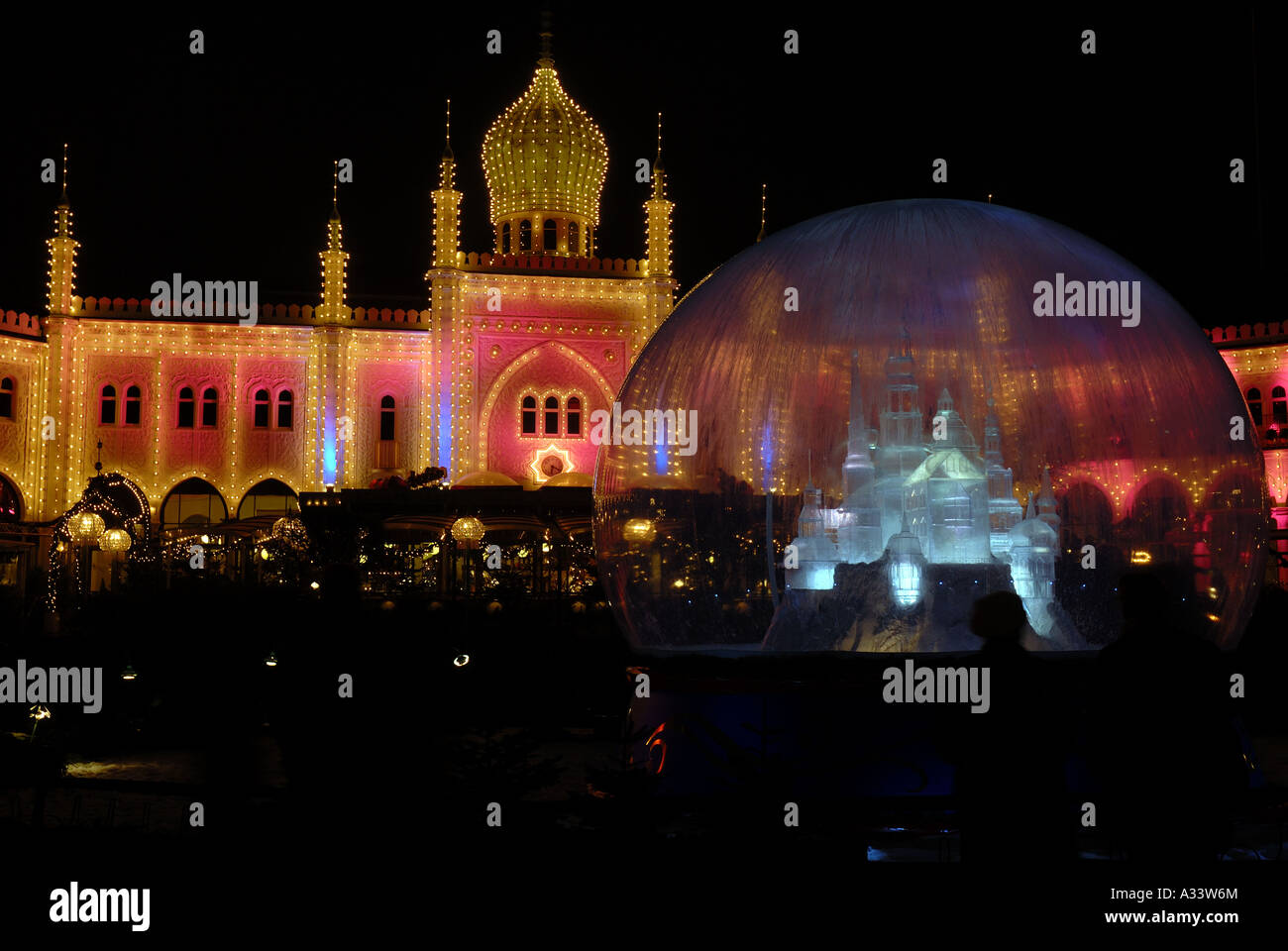 Glass sphere and Raj palace at Copenhagen Tivoli Gardens park Denmark ...