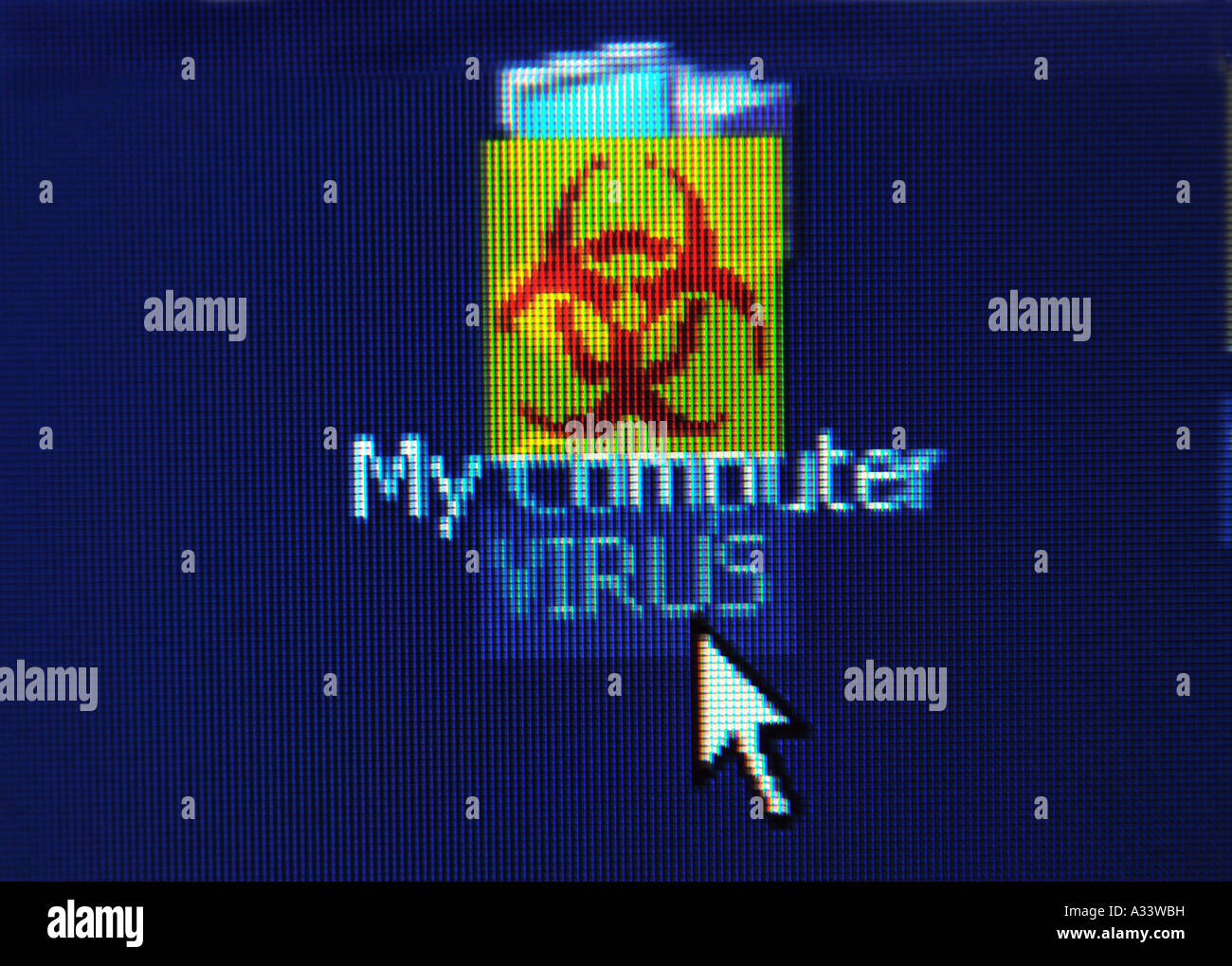 virus symbol on computer screen biohazard Stock Photo - Alamy