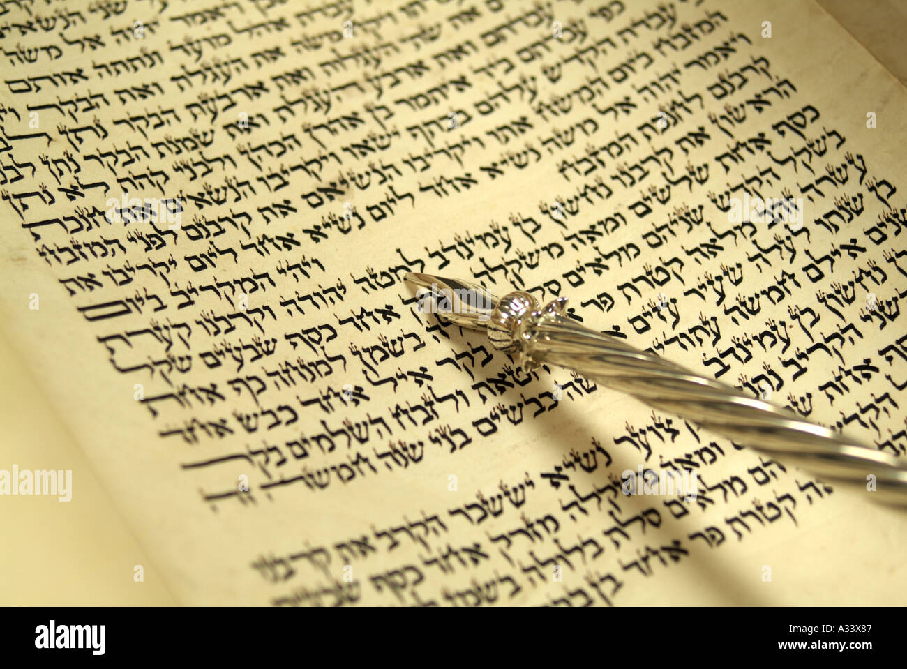 Torah Scroll with yad silver pointer Stock Photo