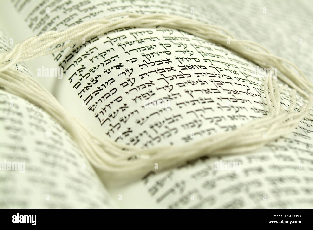 Hebrew Torah script with tizits of prayer shawl Stock Photo