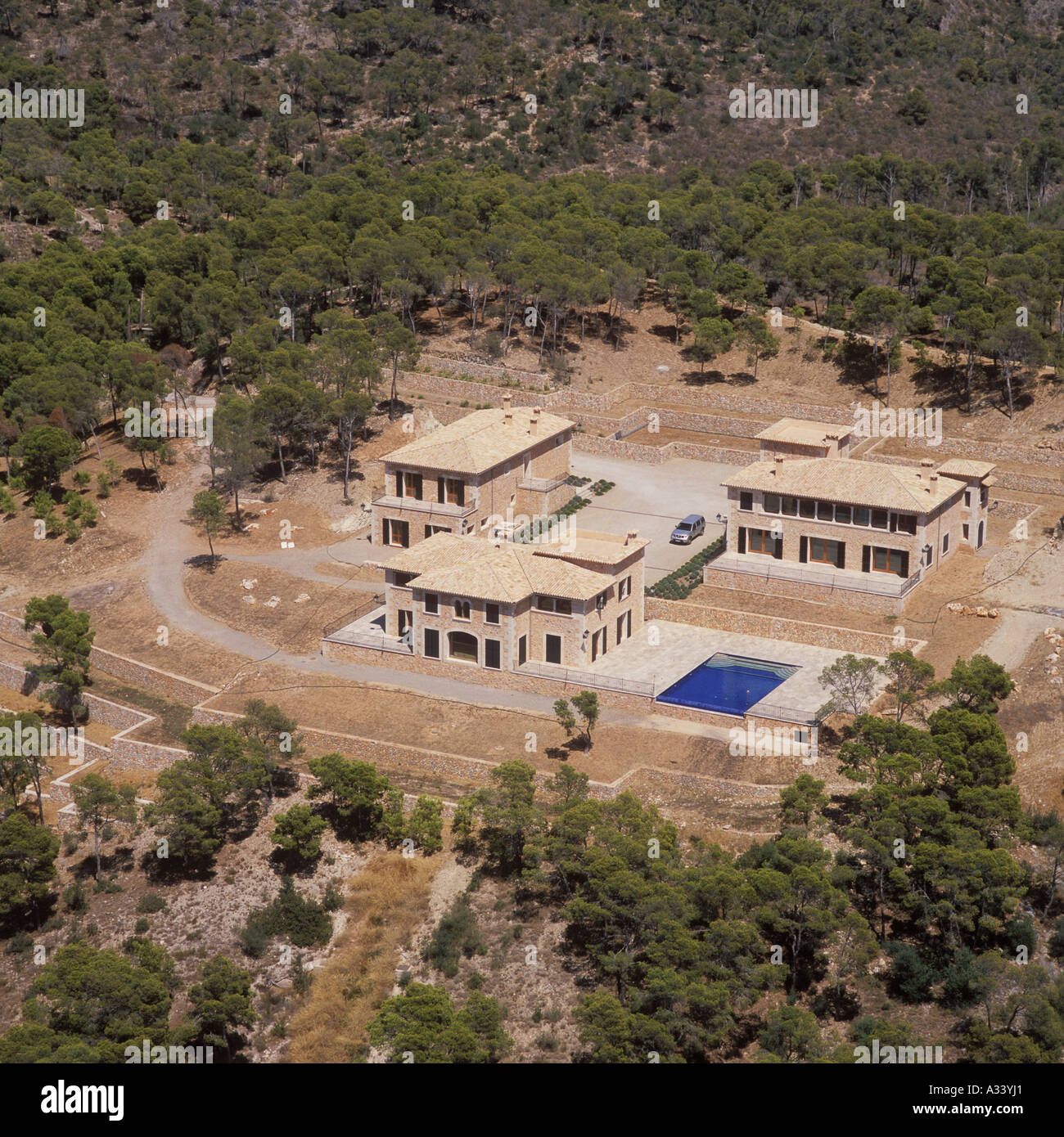 Aerial image hilltop villa complex developed by Claudia Schiffer above Camp de Mar Andratx SW Mallorca Balearic Islands Spain 13 Stock Photo