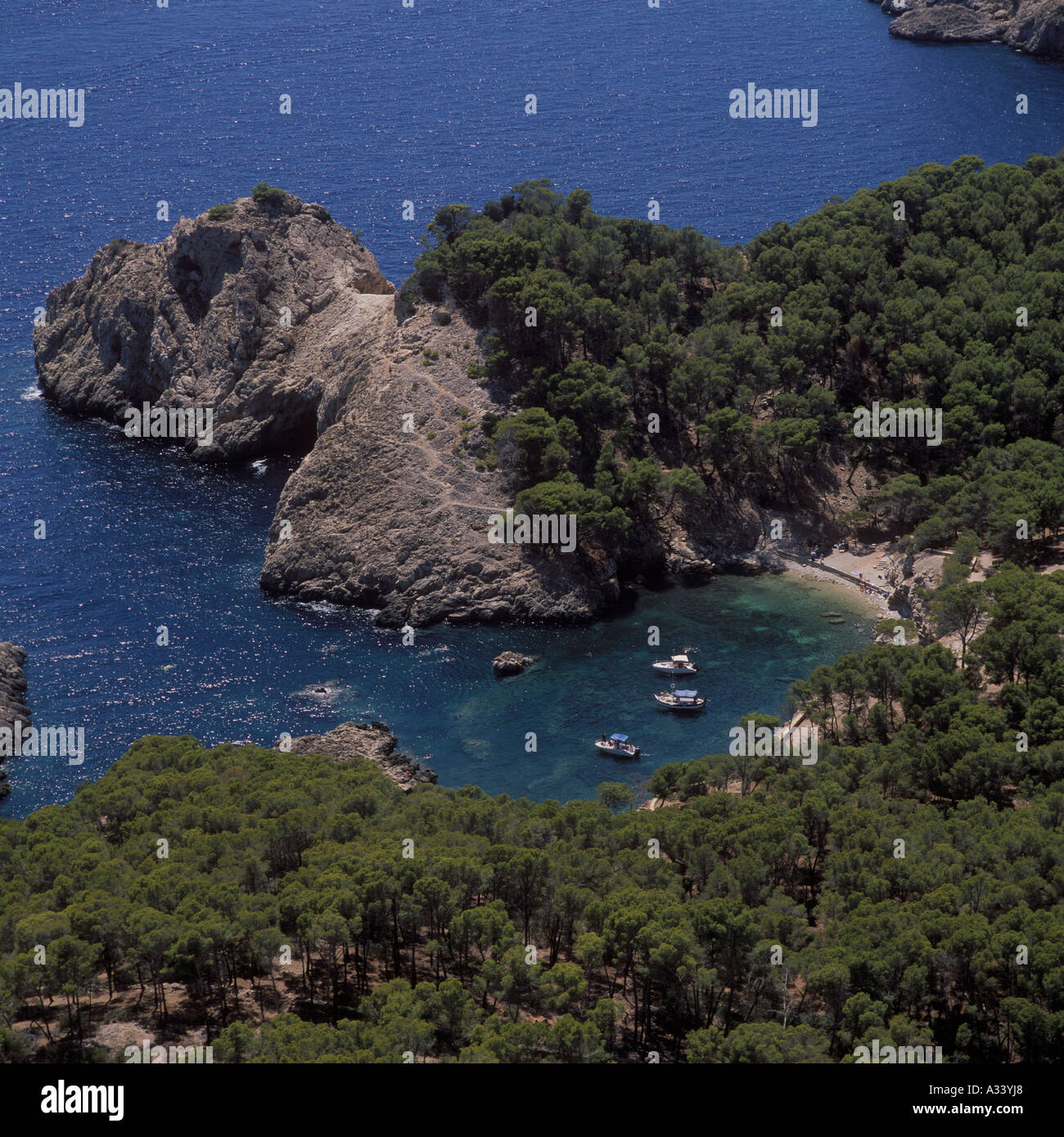 Aerial view over the picturesque Cala Monjo remote small bay East of Camp de Mar Andratx SW Mallorca Balearic Islands Spain Stock Photo