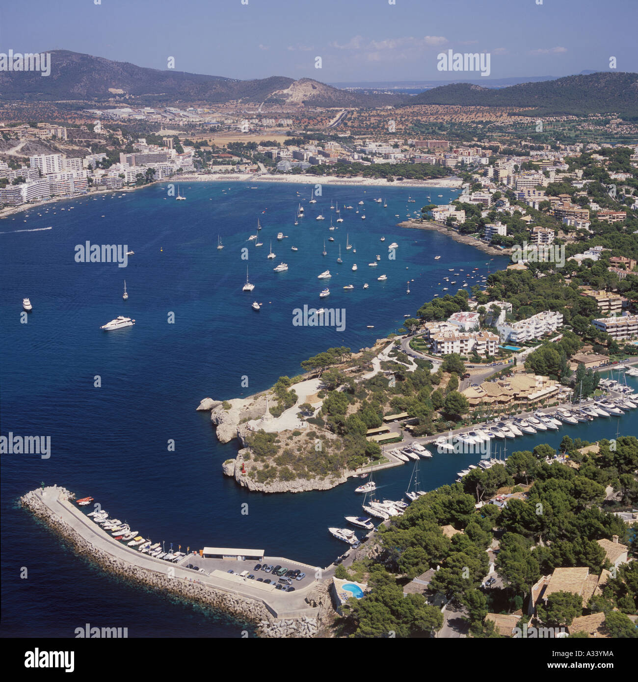 Aerial view over Santa Ponsa marina looking into the Bay of Santa Ponsa Calvia SW Mallorca Balearic Islands Spain 13th August 20 Stock Photo