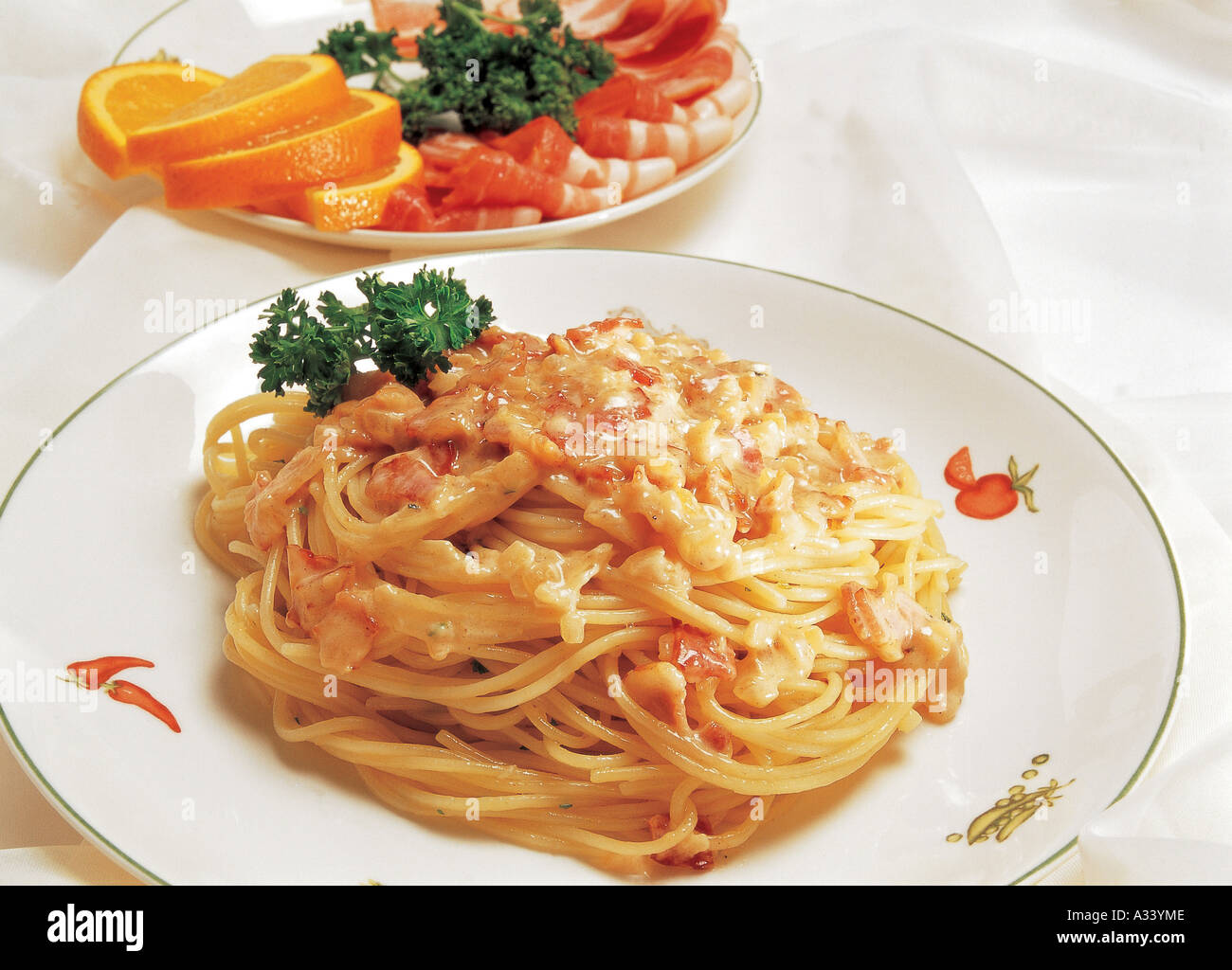 A closed view on a serve of spaghetti Stock Photo