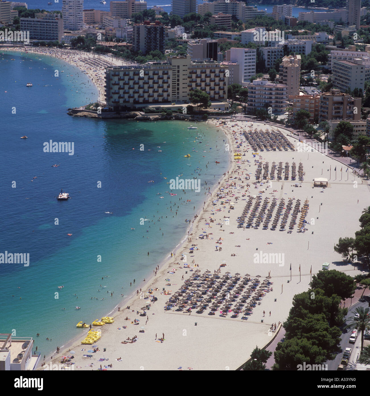 Aerial view over Palma Nova beach, Calvia, SW Mallorca, Balearic Stock