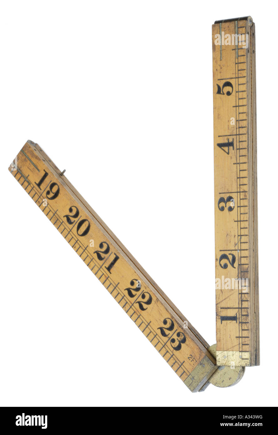 Folding wood measuring ruler Brass hinges Letter V Stock Photo