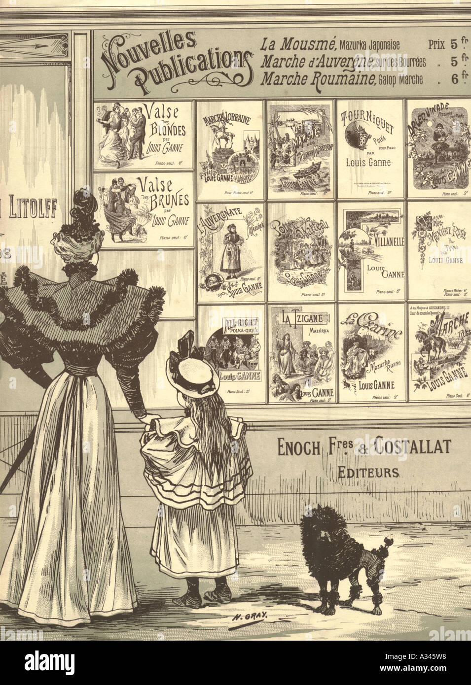 Sheet music covers displayed in French publisher's window circa 1890 Stock Photo
