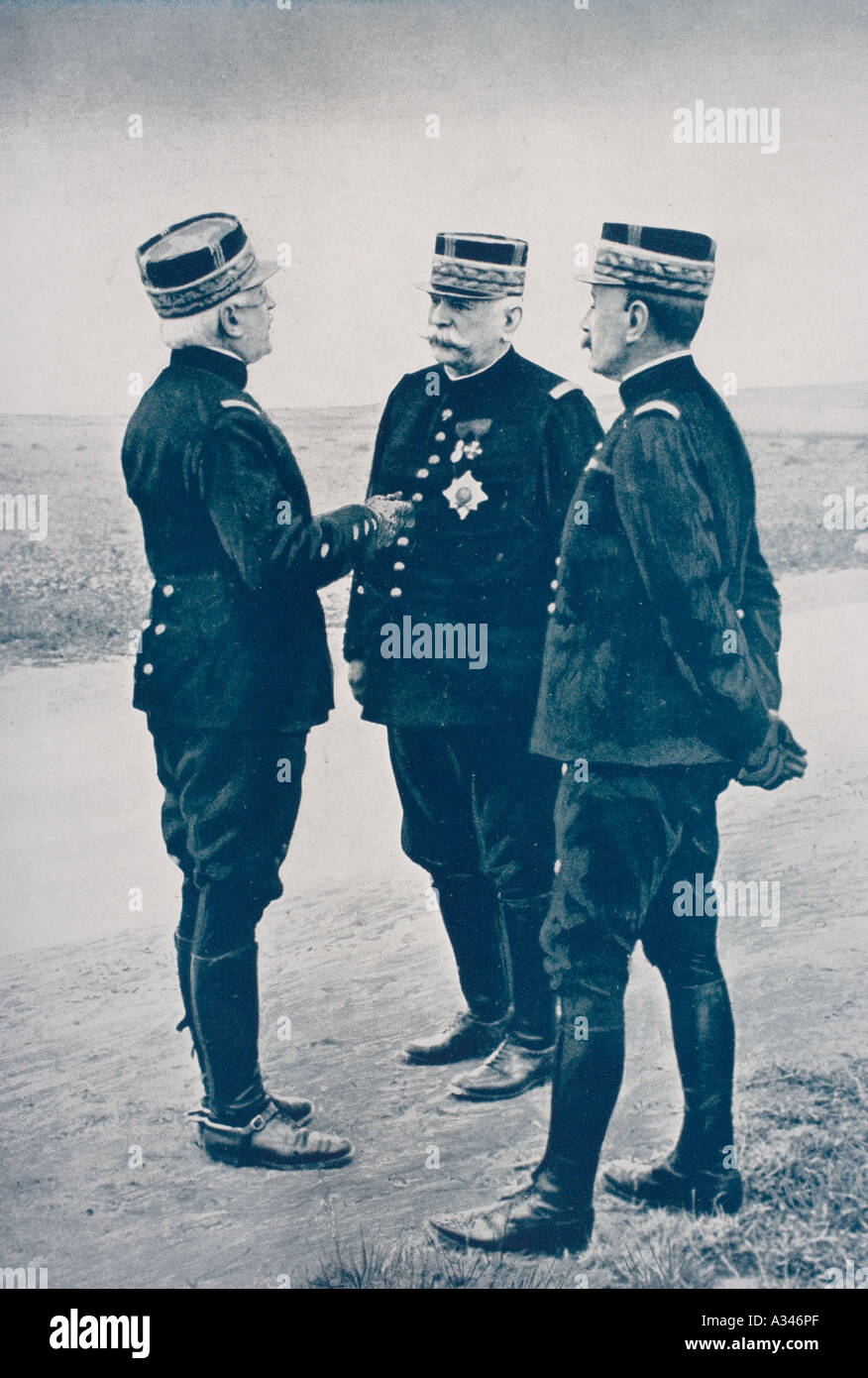 Three French commanders. General D Urbal, left, General Joffre, centre and General Foch, right. Stock Photo