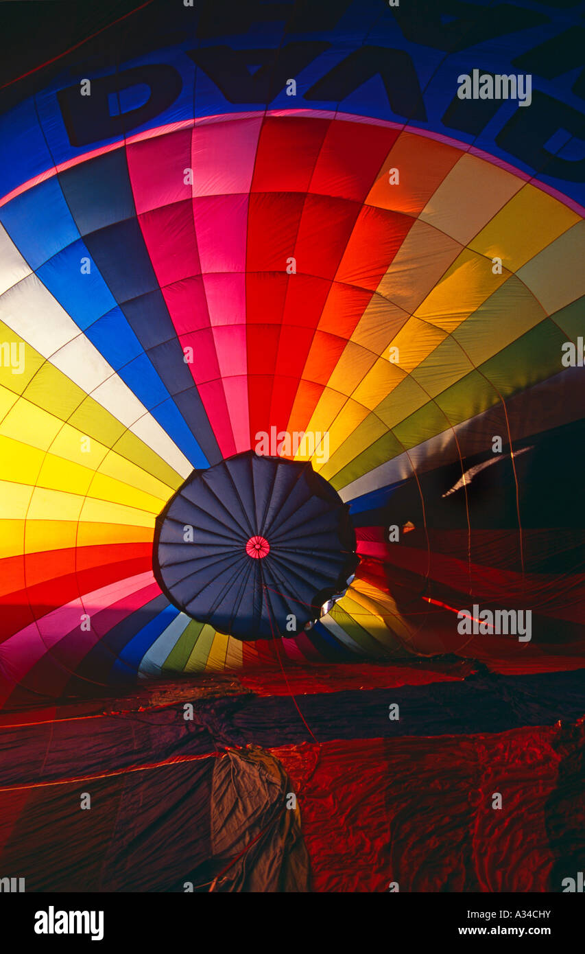 View from inside a multi-coloured, striped, hot air balloon during ...