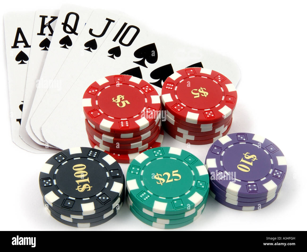 one of the highest poker hands, a Royal Flush of spades with a pile of poker  chips Stock Photo - Alamy